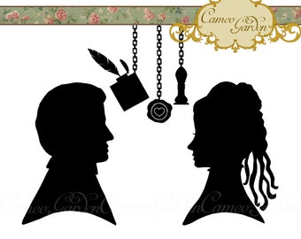 Digital Clipart - Silhouette Late Victorian Cameo Couple - Clip art for scrapbooking, wedding invitations, Personal and Small Commercial Use