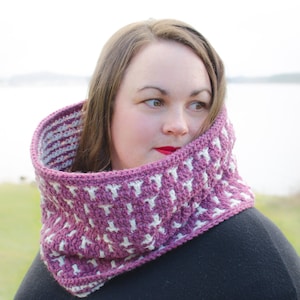 May include: A woman wearing a purple and white crocheted cowl neck scarf. The scarf is made with a textured stitch pattern.