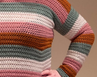 Easy Striped Crochet Sweater Pattern, Women's Pullover PDF (XS-5XL)