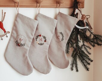 Personalized Family Christmas Santa stocking, Custom name Christmas stocking, Cotton Linen hand embroidered stocking,Kids Christmas stocking