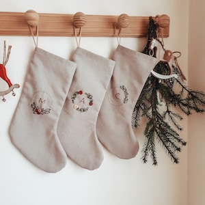 Personalized Family Christmas Santa stocking, Custom name Christmas stocking, Cotton Linen hand embroidered stocking,Kids Christmas stocking