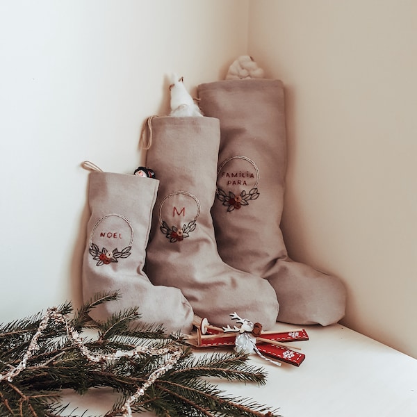 Personalized Family Christmas Santa stocking, Custom name Christmas stocking, Cotton Linen hand embroidered stocking,Kids Christmas stocking