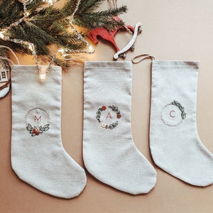 Personalized Family Christmas Santa stocking, Custom name Christmas stocking, Cotton Linen hand embroidered stocking,Kids Christmas stocking image 5