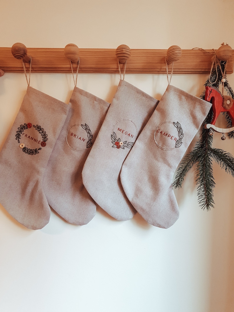 Personalized Family Christmas Santa stocking, Custom name Christmas stocking, Cotton Linen hand embroidered stocking,Kids Christmas stocking image 6