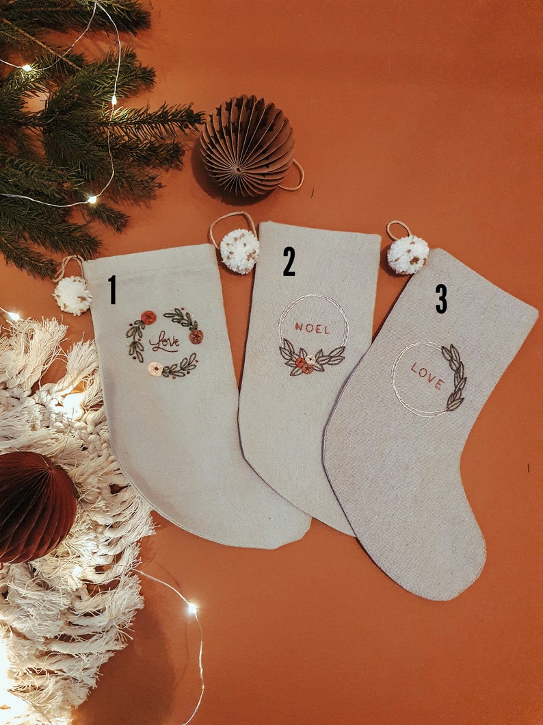 Personalized Family Christmas Santa stocking, Custom name Christmas stocking, Cotton Linen hand embroidered stocking,Kids Christmas stocking image 10