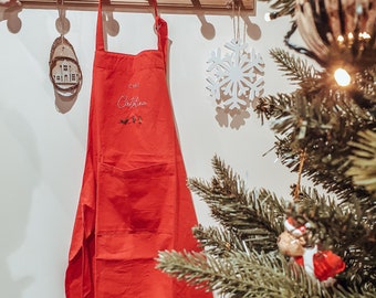 Custom name cooking apron, Custom hand embroidered apron, Linen cooking women apron, Custom kitchen apron, Christmas cooking apron