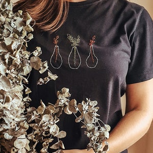 Hand embroidered Tshirt/Flowers in bottle embroidered Tshirt/Personalized Tshirt/ Cotton Tshirt/Illustration Tshirt/Pland lady Thsirt