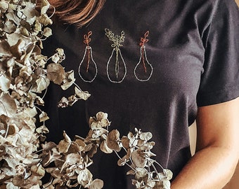 Hand embroidered Tshirt/Flowers in bottle embroidered Tshirt/Personalized Tshirt/ Cotton Tshirt/Illustration Tshirt/Pland lady Thsirt