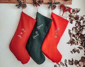 Personalized Family Christmas Santa stocking, Custom name Christmas stocking, Cotton Linen hand embroidered stocking,Kids Christmas stocking
