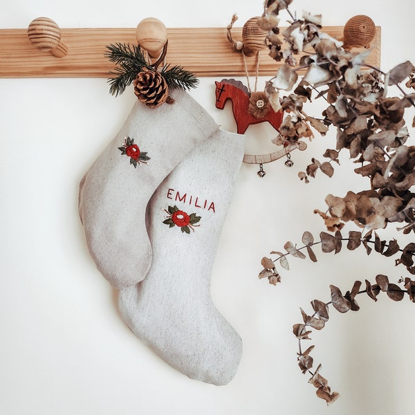 Personalized Family Christmas Santa stocking, Custom name Christmas stocking, Cotton Linen hand embroidered stocking,Kids Christmas stocking