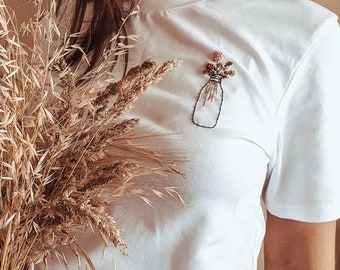 Hand embroidered Tshirt/Flowers in bottle embroidered Tshirt/Personalized Tshirt/ Cotton Tshirt/Illustration Tshirt/Pland lady Thsirt