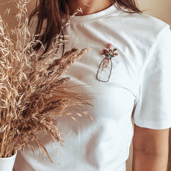 Hand embroidered Tshirt/Flowers in bottle embroidered Tshirt/Personalized Tshirt/ Cotton Tshirt/Illustration Tshirt/Pland lady Thsirt