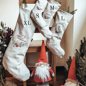 Personalized Family Christmas Santa stocking, Custom name Christmas stocking, Cotton Linen hand embroidered stocking,Kids Christmas stocking image 9