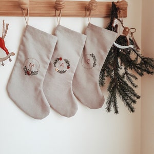 Personalized Family Christmas Santa stocking, Custom name Christmas stocking, Cotton Linen hand embroidered stocking,Kids Christmas stocking image 3