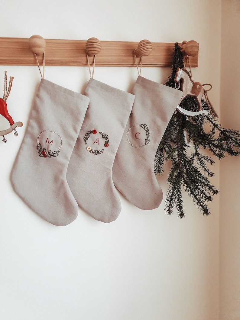 Personalized Family Christmas Santa stocking, Custom name Christmas stocking, Cotton Linen hand embroidered stocking,Kids Christmas stocking image 3