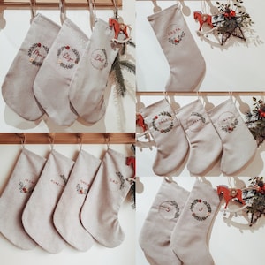 Personalized Family Christmas Santa stocking, Custom name Christmas stocking, Cotton Linen hand embroidered stocking,Kids Christmas stocking image 4