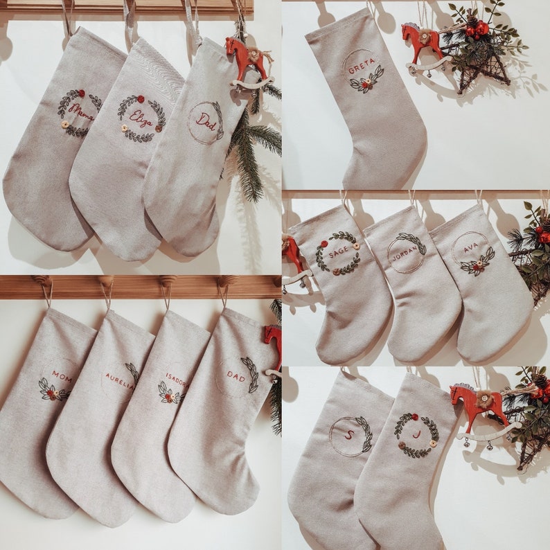 Personalized Family Christmas Santa stocking, Custom name Christmas stocking, Cotton Linen hand embroidered stocking,Kids Christmas stocking image 4