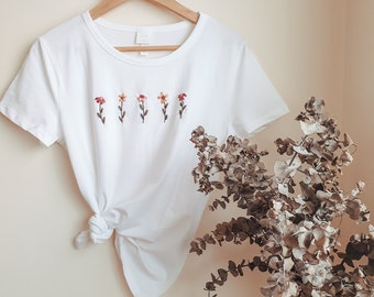 Hand embroidered Floral Tshirt,Personalized bride Tshirt,Custom wife Tshirt, Floral Bridesmaids Tshirt, Plant Tshirt, Illustration Tshirt