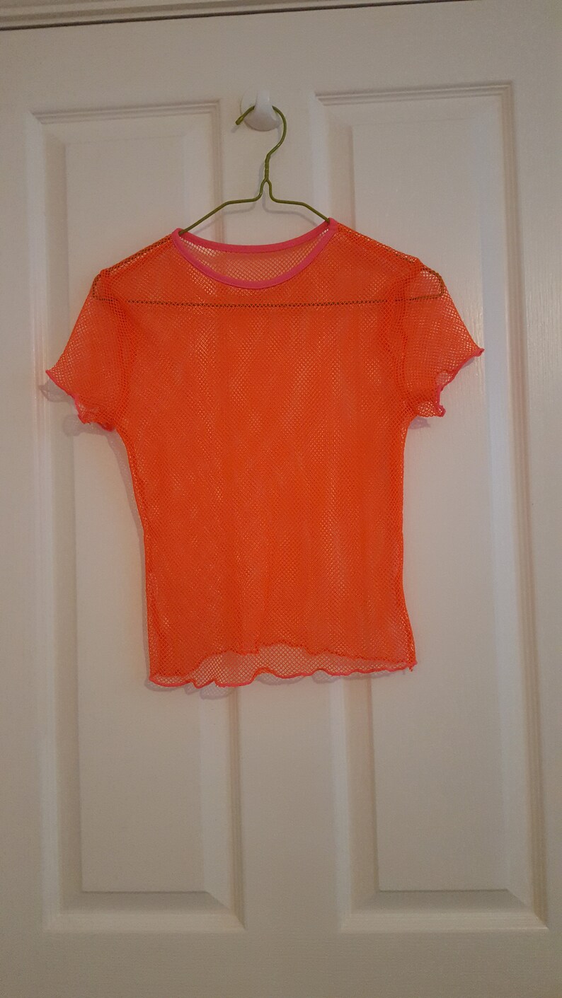 Neon Orange /& Pink Fishnet String Crop Top Club Kid Grunge