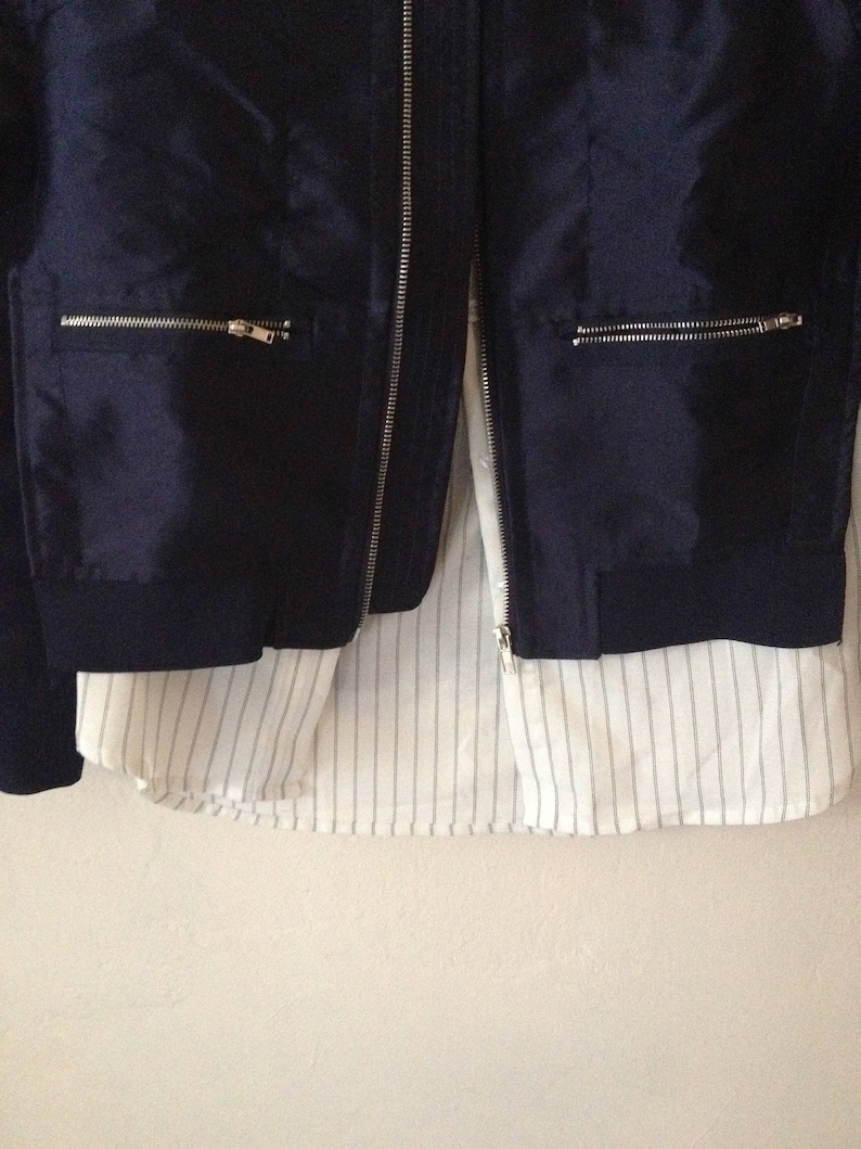 Dark Navy Blue Shiny Bomber Jacket Striped Shirt Lining Silver Zips Minimal Trend