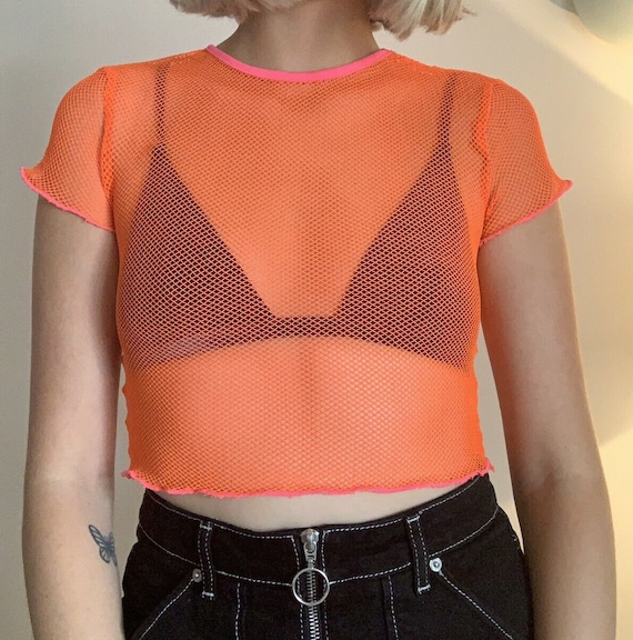 neon orange fishnet top