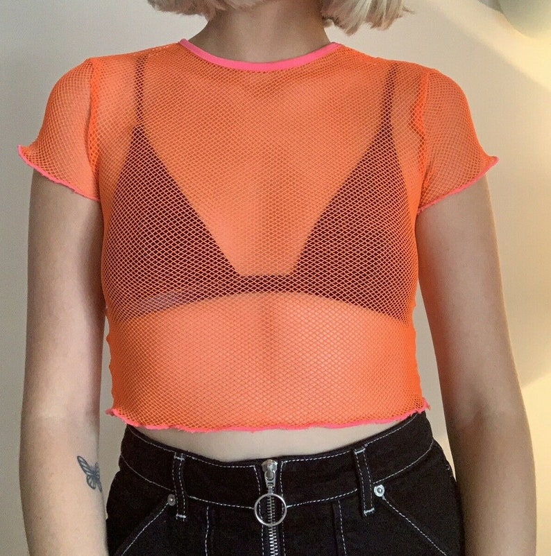 Neon Orange /& Pink Fishnet String Crop Top Club Kid Grunge