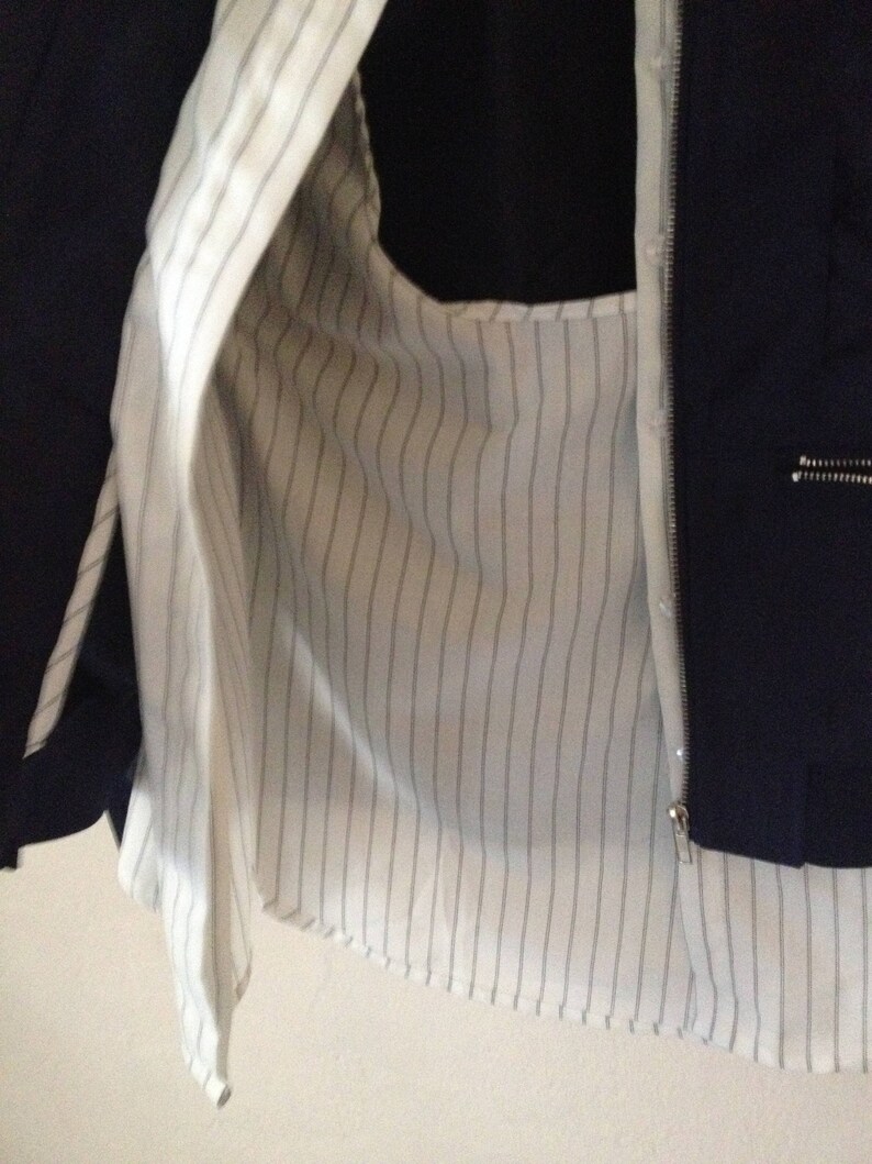 Dark Navy Blue Shiny Bomber Jacket Striped Shirt Lining Silver Zips Minimal Trend