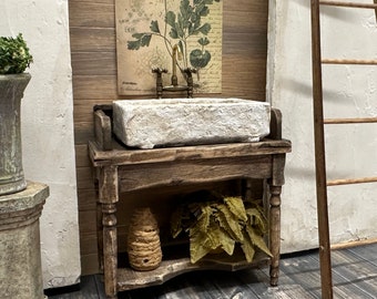 Dollhouse Miniature Aged Limestone Sink on Rustic Base, Mini Greenhouse or Kitchen Accessory