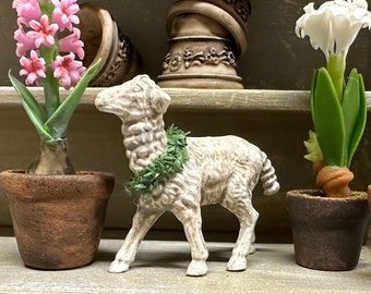 Dollhouse Miniature Vintage Spring Lamb Figurine with Wreath