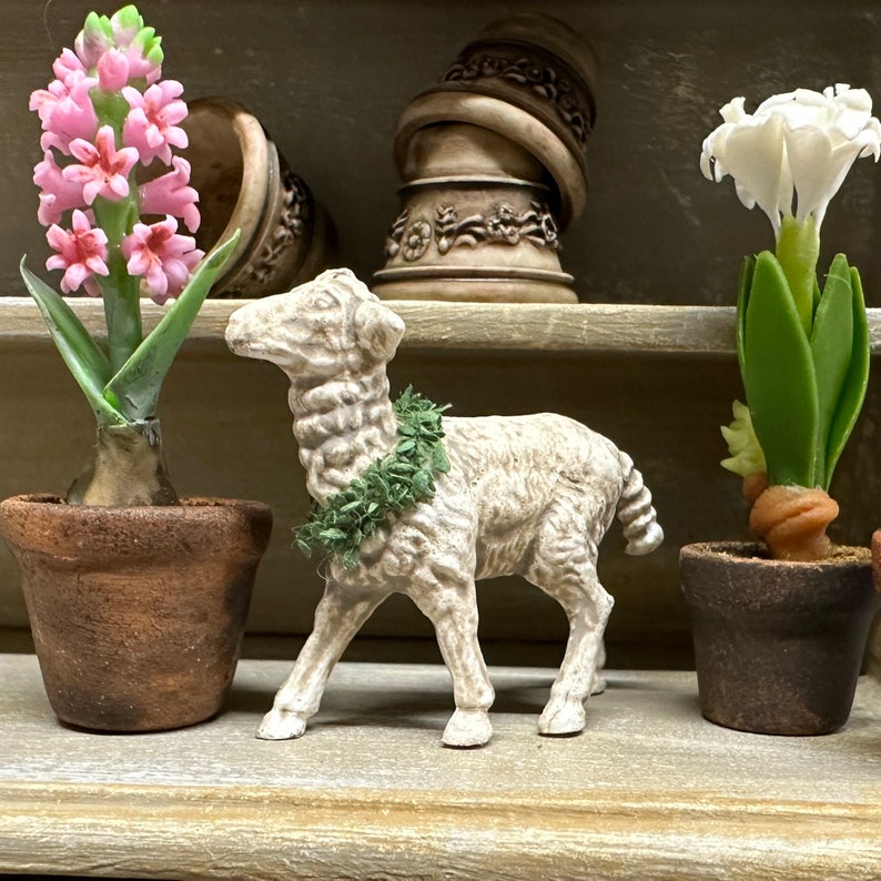 Dollhouse Miniature Vintage Spring Lamb Figurine with Wreath image 1