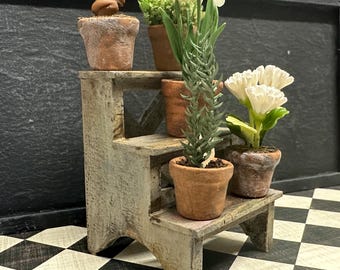 Dollhouse Aged Plant Stand, Miniature Step Stool