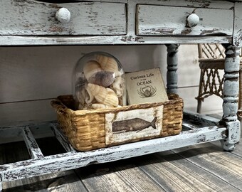 Dollhouse Miniature Whale Basket, Miniature Vintage Basket, Nautical or Beach Dollhouse Decoration