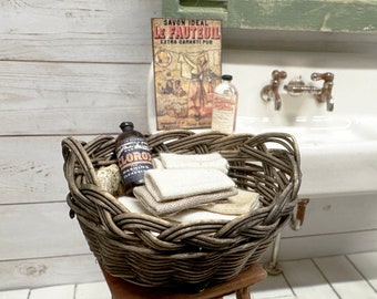 Dollhouse Miniature Vintage Basket with Laundry and Soap, Dollhouse Laundry Room