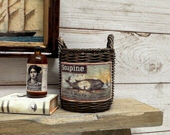 Dollhouse Miniature Nautical Advertising Basket, Mini Whale Image Basket