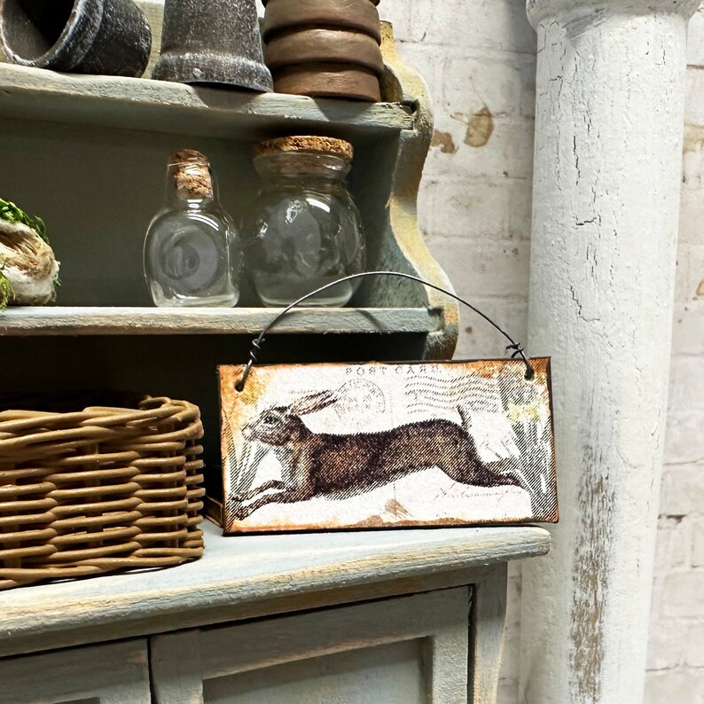 Dollhouse Miniature Vintage Rabbit Wall Hanging, Miniature Bunny Print image 1