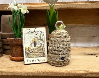 Dollhouse Miniature Bee Skep and Beekeeping Book, Miniature Bee Hive