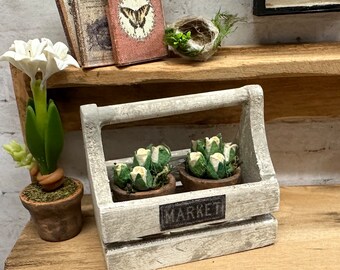 Dollhouse Miniature Flowers in a Market Garden Carrier, Miniature Flower Pot, Dollhouse Garden or Greenhouse Accessories