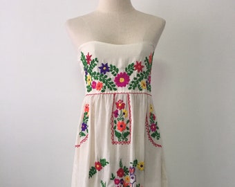 Embroidered Mexican Dress Cotton Strapless Dress, Beach Dress, Oaxacan Dress, Boho Dress