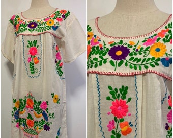 Oaxacan Dress Boho Dress Hand Embroidered Dress Mexican Style Cotton Tunic In Pink Peasant Dress