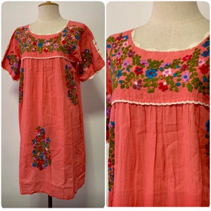 Oaxacan Dress Boho Dress Hand Embroidered Dress Mexican Style Cotton Tunic In Pink Peasant Dress