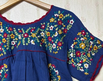 Embroidered Mexican Blouse Cotton Top in Blue, Boho Blouse, Peasant Top, Oaxacan Blouse