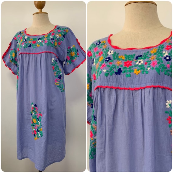 Oaxacan Dress Boho Dress Hand Embroidered Dress Mexican Style Cotton Tunic In Pink Peasant Dress