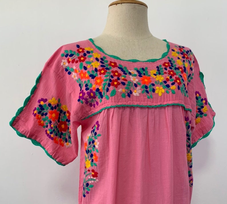 Oaxacan Dress Boho Dress Hand Embroidered Dress Mexican Style Cotton Tunic In Pink Peasant Dress