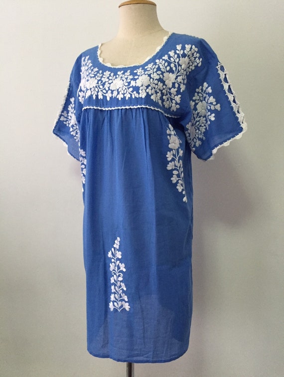 Mexican Embroidered Dress Cotton Tunic In Blue Boho Dress | Etsy