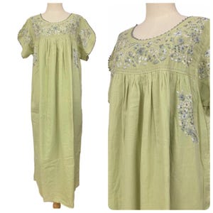 Hand Embroidered Dress in Green Cotton Maxi Dress, Long Dress, Boho Dress