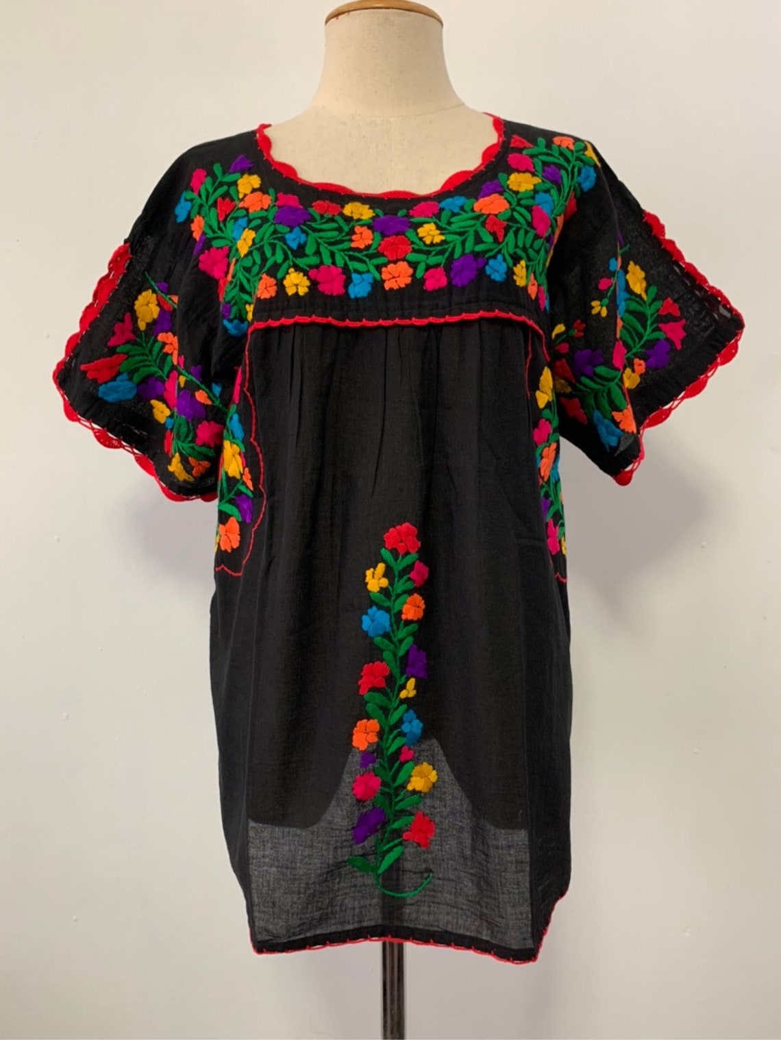 Hand Embroidered Blouse Mexican Style Cotton Top In Black | Etsy