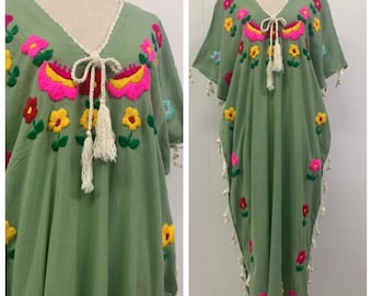 Hand Embroidered Cotton Kaftan Dress, Colorful Floral Beachwear