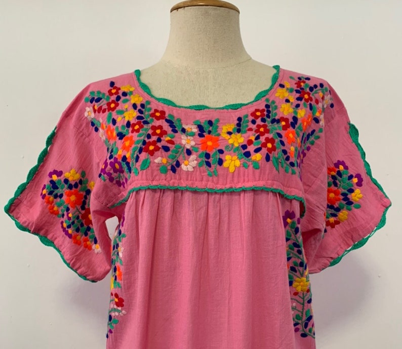 Oaxacan Dress Boho Dress Hand Embroidered Dress Mexican Style Cotton Tunic In Pink Peasant Dress