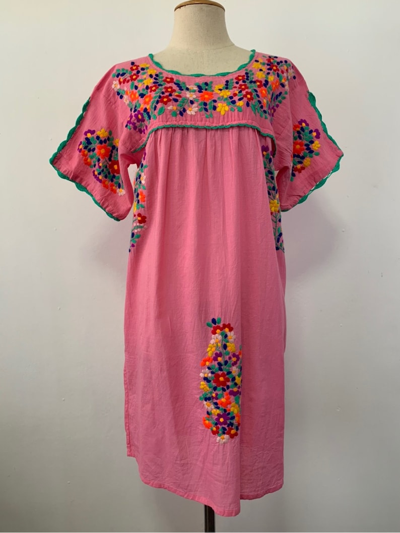 Oaxacan Dress Boho Dress Hand Embroidered Dress Mexican Style Cotton Tunic In Pink Peasant Dress