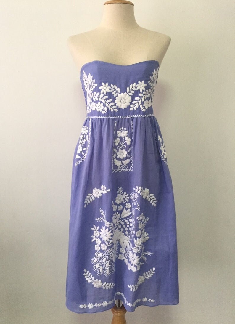 Embroidered Mexican Sundress Cotton Strapless Dress Beach | Etsy